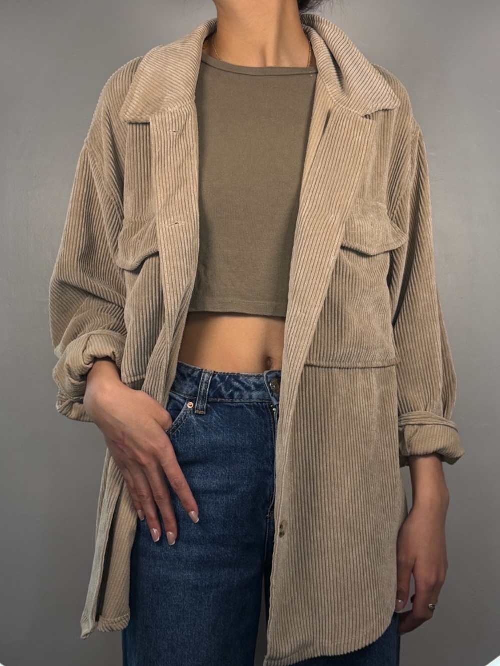Ashley By 26 International Beige Corduroy Button-Up Shirt